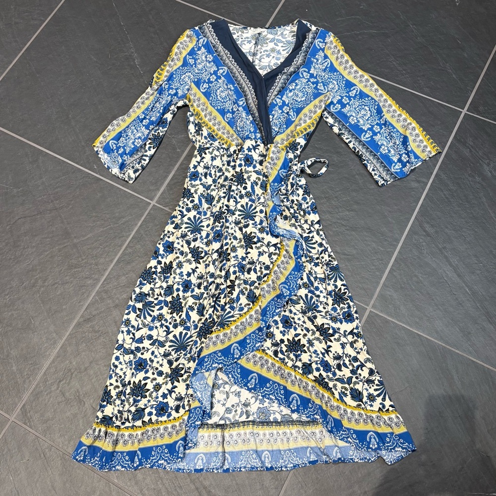 CATO Boho Faux Wrap Dress Size XL Blue/Yellow/Cream